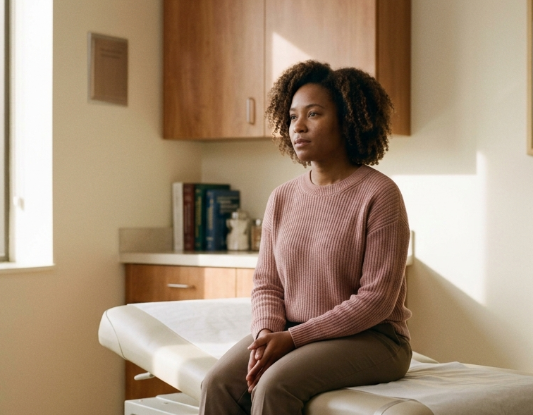 A woman alone in an exam room